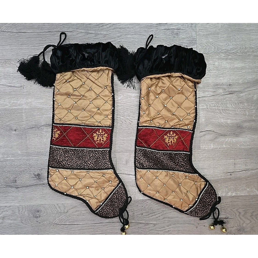 (2) Villa Bacci 25"Luxury Christmas Stocking Animal Print Tapestry Studs Tassels